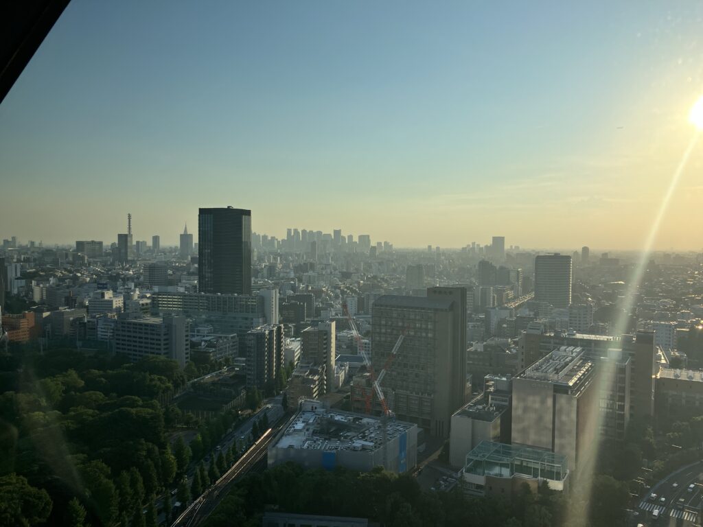 日中の小石川後楽園、新宿方面の景色