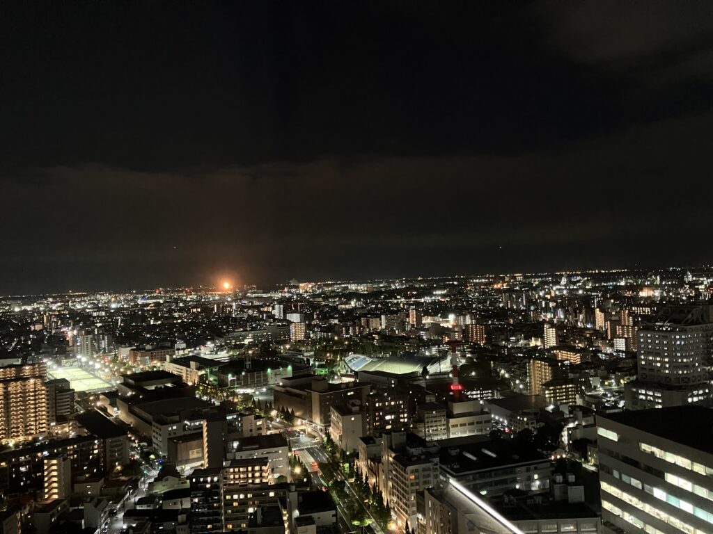 手前に川崎競馬場や富士通スタジアム、奥に川崎の工場地帯(夜景)