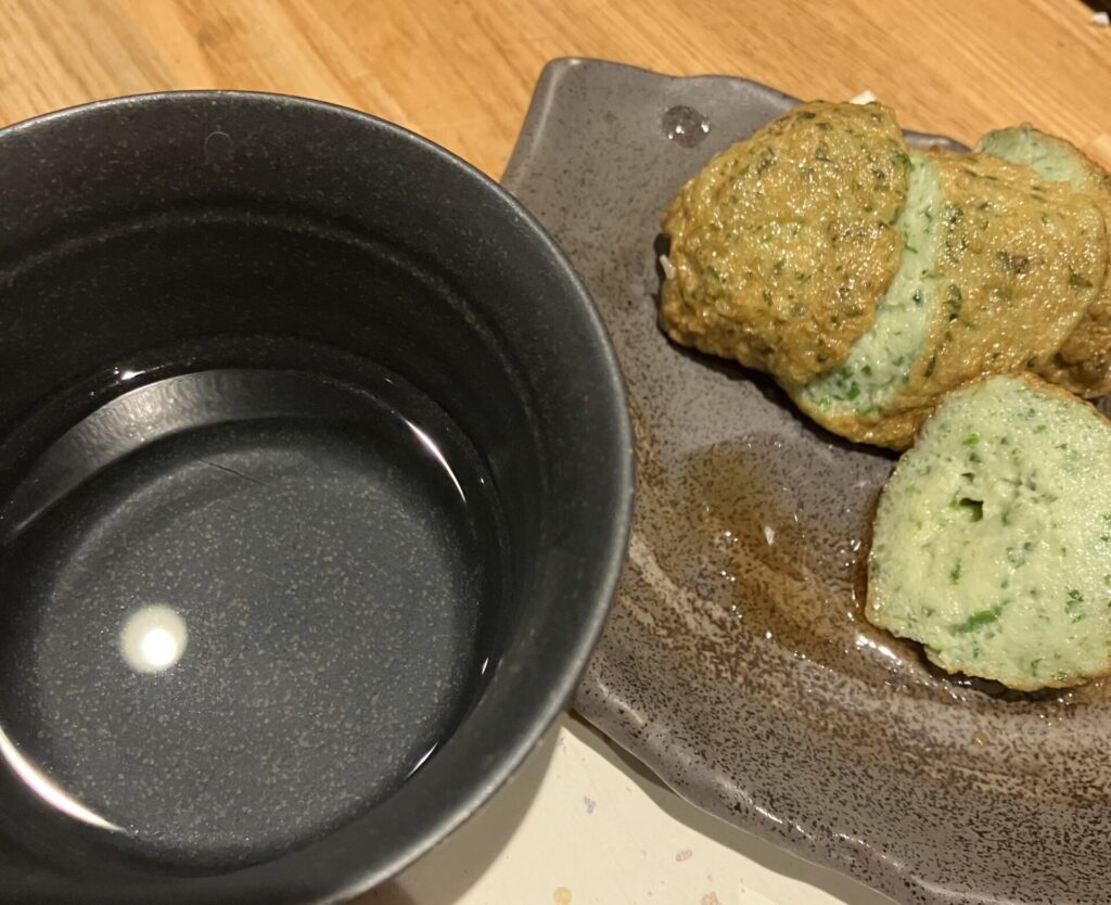 さつま揚げと、錫釜という焼酎